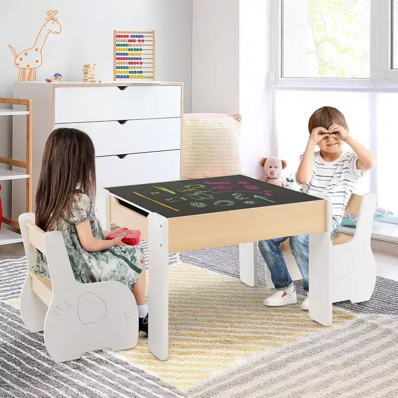 Table et 2 chaises pour enfants Costway 4 en 1 en bois avec rangement et tableau noir amovible