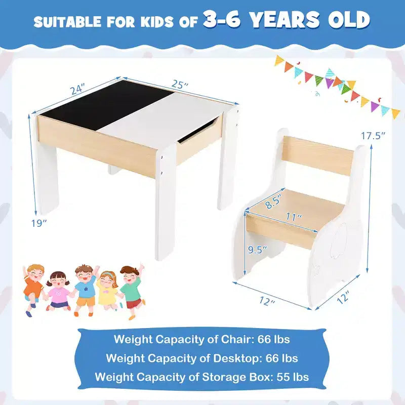 Table et 2 chaises pour enfants Costway 4 en 1 en bois avec rangement et tableau noir amovible