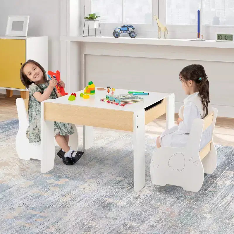 Table et 2 chaises pour enfants Costway 4 en 1 en bois avec rangement et tableau noir amovible