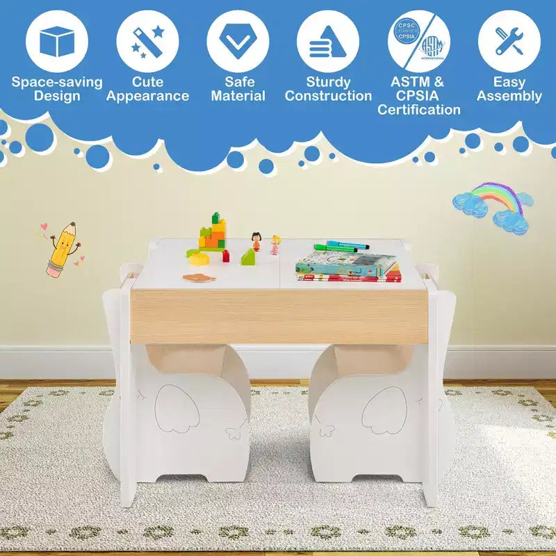 Table et 2 chaises pour enfants Costway 4 en 1 en bois avec rangement et tableau noir amovible