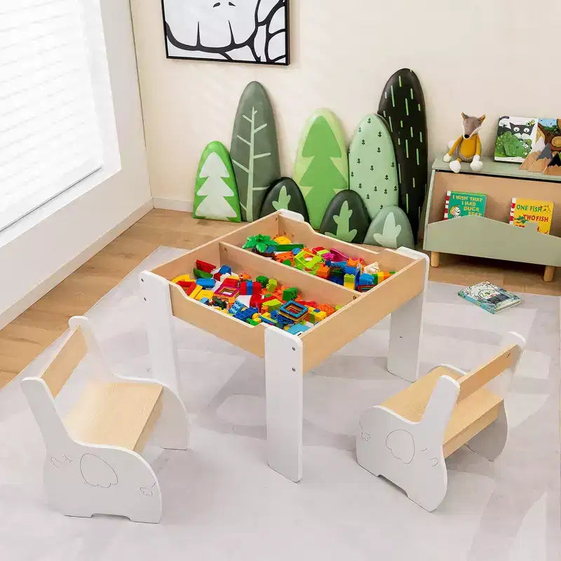 Table et 2 chaises pour enfants Costway 4 en 1 en bois avec rangement et tableau noir amovible