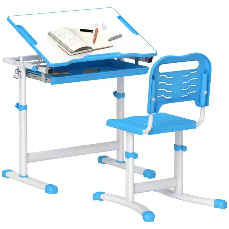 Qaba Kids Desk and Chairs Set, Height Adjustable Children School Study Desk with Tilt Desktop, Storage Drawer, Pen Slot, Hook