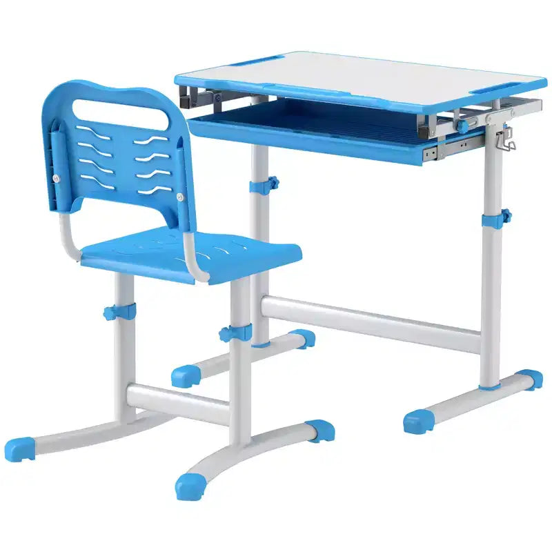 Ensemble bureau et chaises pour enfants Qaba, bureau d'étude scolaire pour enfants réglable en hauteur avec plateau inclinable, tiroir de rangement, fente pour stylo, crochet