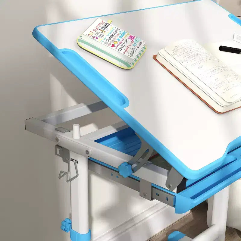 Ensemble bureau et chaises pour enfants Qaba, bureau d'étude scolaire pour enfants réglable en hauteur avec plateau inclinable, tiroir de rangement, fente pour stylo, crochet