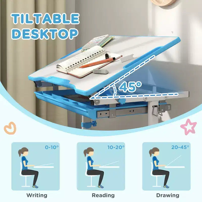 Ensemble bureau et chaises pour enfants Qaba, bureau d'étude scolaire pour enfants réglable en hauteur avec plateau inclinable, tiroir de rangement, fente pour stylo, crochet