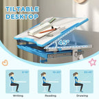 Ensemble bureau et chaises pour enfants Qaba, bureau d'étude scolaire pour enfants réglable en hauteur avec plateau inclinable, tiroir de rangement, fente pour stylo, crochet