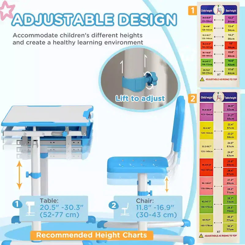 Ensemble bureau et chaises pour enfants Qaba, bureau d'étude scolaire pour enfants réglable en hauteur avec plateau inclinable, tiroir de rangement, fente pour stylo, crochet