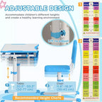 Ensemble bureau et chaises pour enfants Qaba, bureau d'étude scolaire pour enfants réglable en hauteur avec plateau inclinable, tiroir de rangement, fente pour stylo, crochet