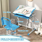 Ensemble bureau et chaises pour enfants Qaba, bureau d'étude scolaire pour enfants réglable en hauteur avec plateau inclinable, tiroir de rangement, fente pour stylo, crochet
