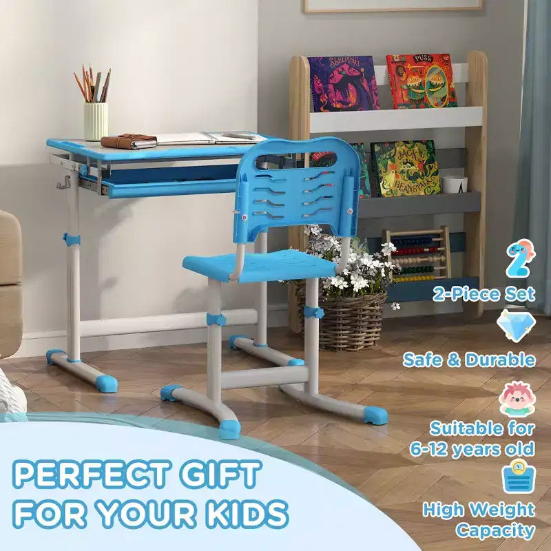 Ensemble bureau et chaises pour enfants Qaba, bureau d'étude scolaire pour enfants réglable en hauteur avec plateau inclinable, tiroir de rangement, fente pour stylo, crochet