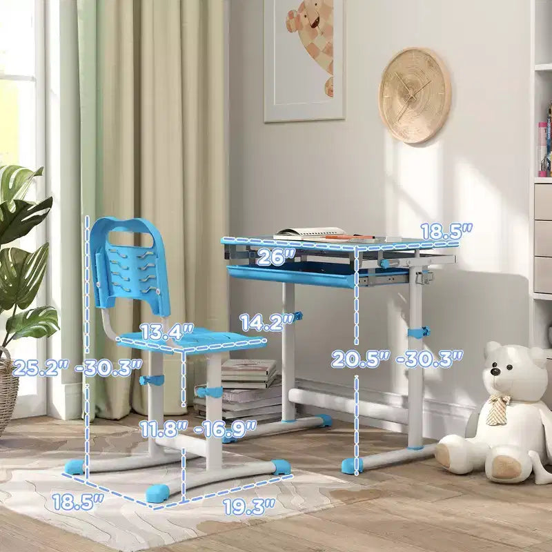 Ensemble bureau et chaises pour enfants Qaba, bureau d'étude scolaire pour enfants réglable en hauteur avec plateau inclinable, tiroir de rangement, fente pour stylo, crochet
