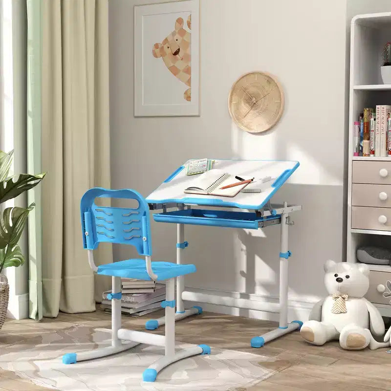 Ensemble bureau et chaises pour enfants Qaba, bureau d'étude scolaire pour enfants réglable en hauteur avec plateau inclinable, tiroir de rangement, fente pour stylo, crochet