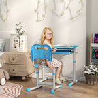 Ensemble bureau et chaises pour enfants Qaba, bureau d'étude scolaire pour enfants réglable en hauteur avec plateau inclinable, tiroir de rangement, fente pour stylo, crochet