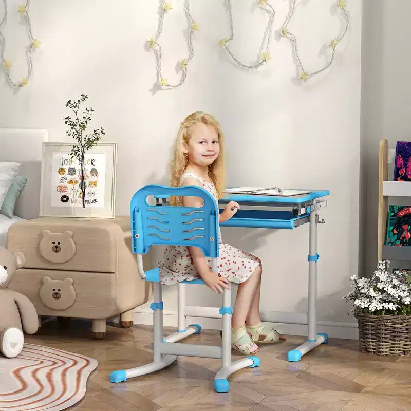 Ensemble bureau et chaises pour enfants Qaba, bureau d'étude scolaire pour enfants réglable en hauteur avec plateau inclinable, tiroir de rangement, fente pour stylo, crochet