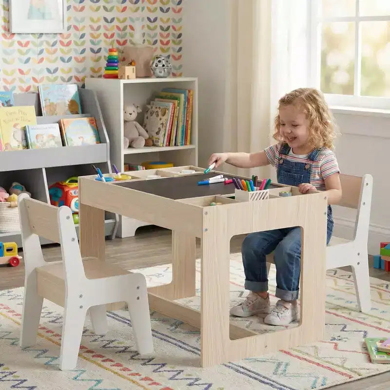 Ensemble table et 2 chaises multifonctions pour enfants Costway avec plateau double face amovible gris + blanc/naturel + blanc
