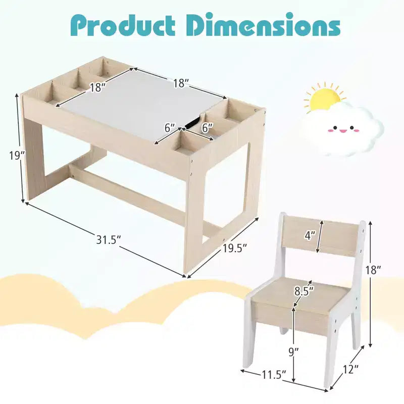 Ensemble table et 2 chaises multifonctions pour enfants Costway avec plateau double face amovible gris + blanc/naturel + blanc