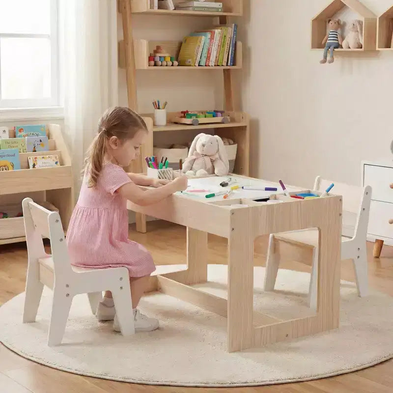 Ensemble table et 2 chaises multifonctions pour enfants Costway avec plateau double face amovible gris + blanc/naturel + blanc