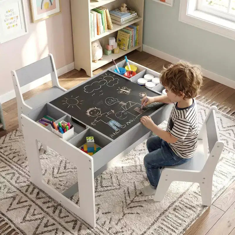 Ensemble table et 2 chaises multifonctions pour enfants Costway avec plateau double face amovible gris + blanc/naturel + blanc