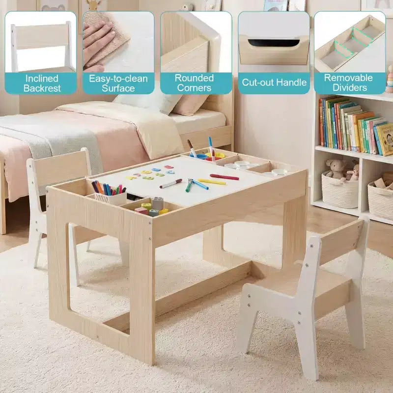 Ensemble table et 2 chaises multifonctions pour enfants Costway avec plateau double face amovible gris + blanc/naturel + blanc