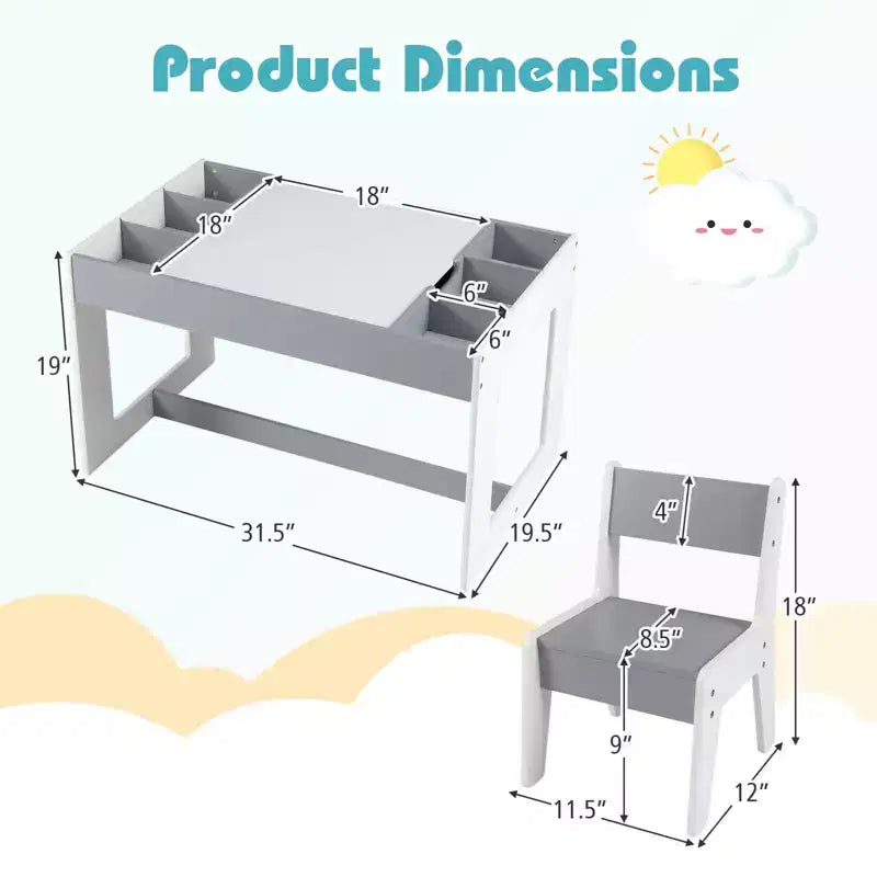 Ensemble table et 2 chaises multifonctions pour enfants Costway avec plateau double face amovible gris + blanc/naturel + blanc