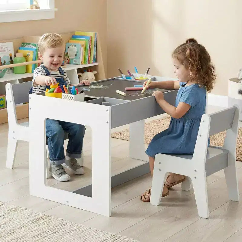 Ensemble table et 2 chaises multifonctions pour enfants Costway avec plateau double face amovible gris + blanc/naturel + blanc