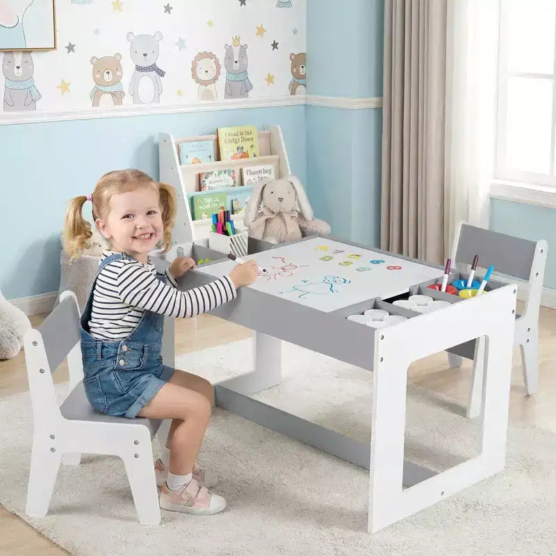 Ensemble table et 2 chaises multifonctions pour enfants Costway avec plateau double face amovible gris + blanc/naturel + blanc