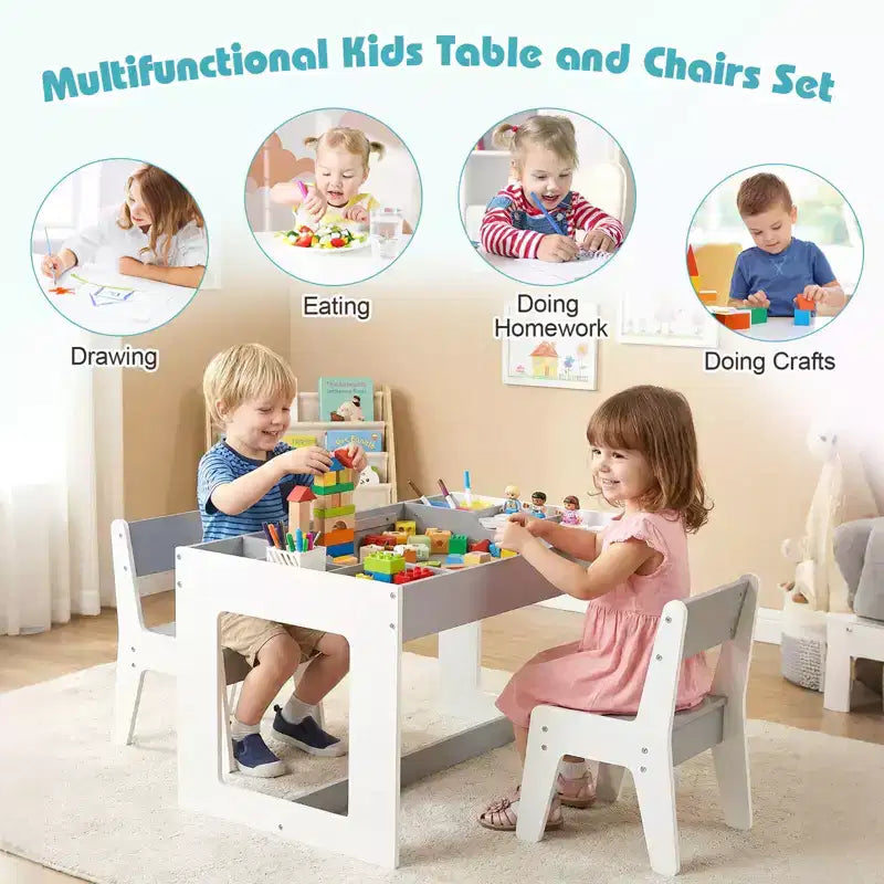 Ensemble table et 2 chaises multifonctions pour enfants Costway avec plateau double face amovible gris + blanc/naturel + blanc