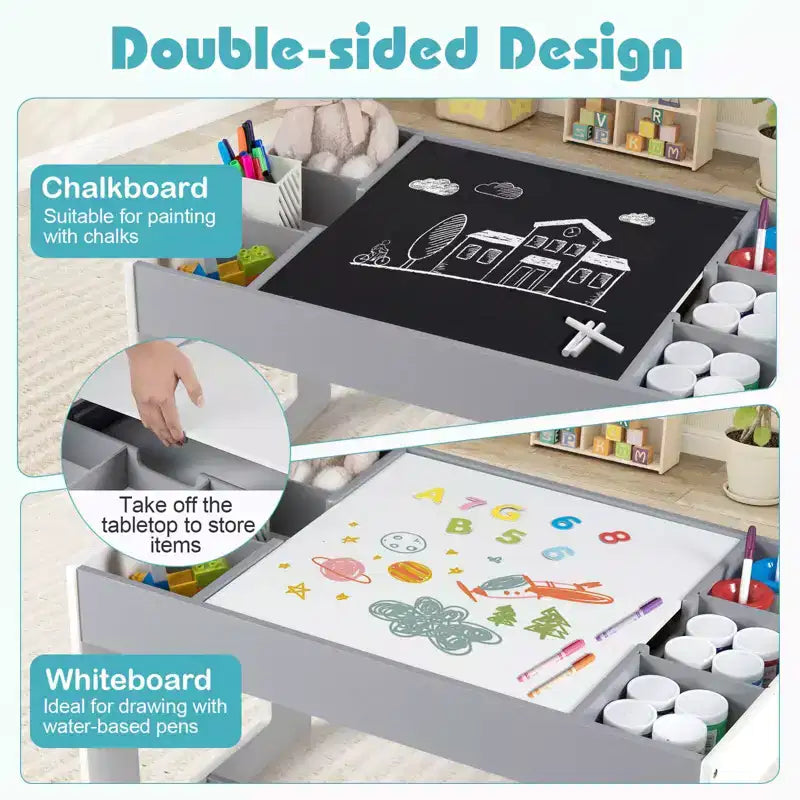 Ensemble table et 2 chaises multifonctions pour enfants Costway avec plateau double face amovible gris + blanc/naturel + blanc