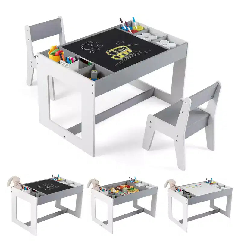 Costway Multifunctional Kids Table & 2 Chairs Set with Removable Double-sized Tabletop Gray + White/Natural + White