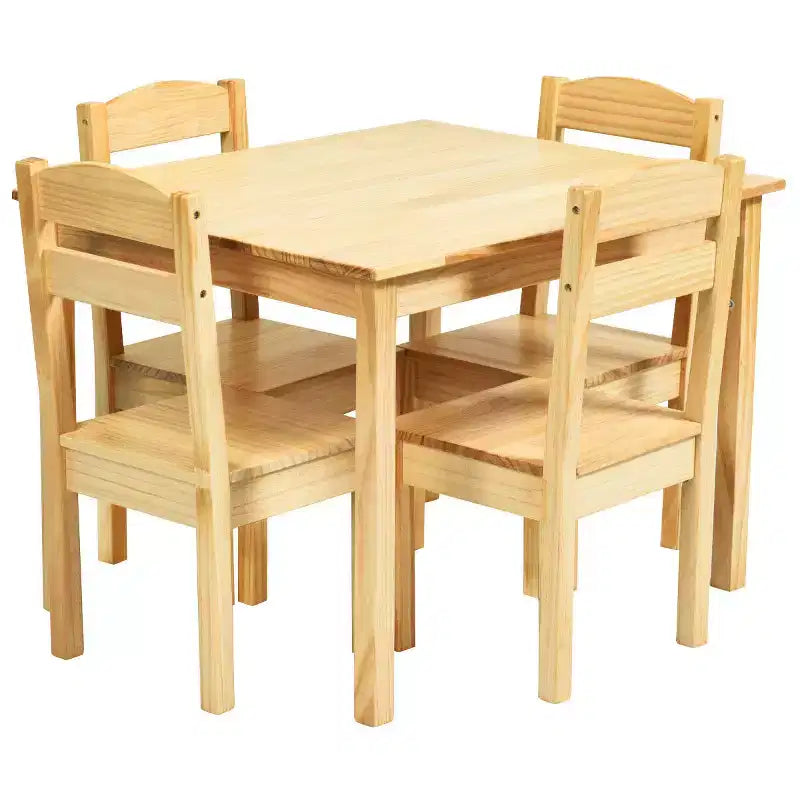 Costway Kids 5 Piece Table Chair Set Pine Wood Children Play Room Furniture Natural