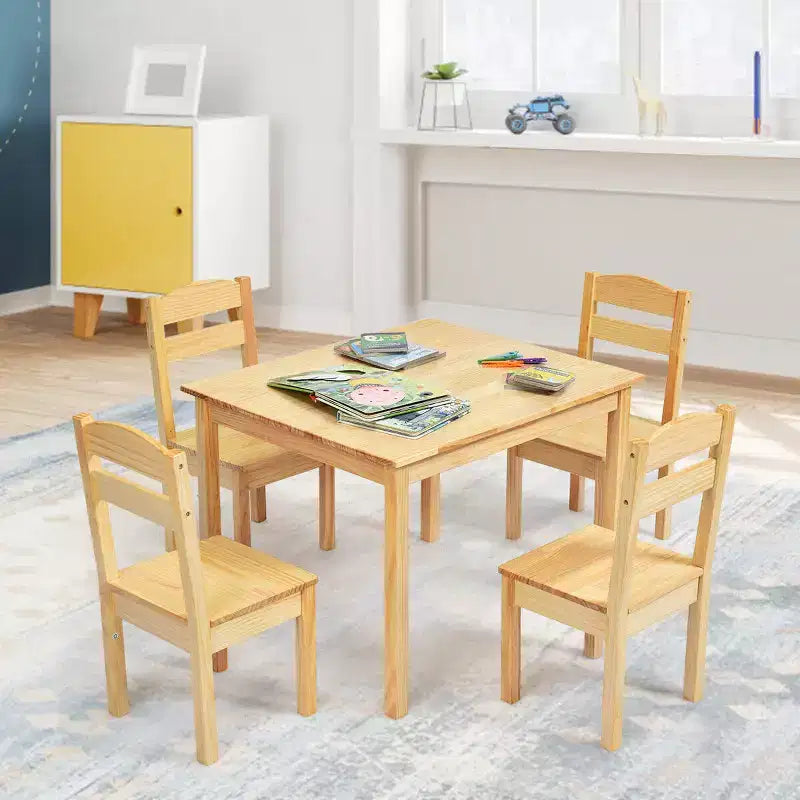 Costway Ensemble Table et Chaises 5 Pièces pour Enfants, Meuble de Salle de Jeu en Bois de Pin Naturel