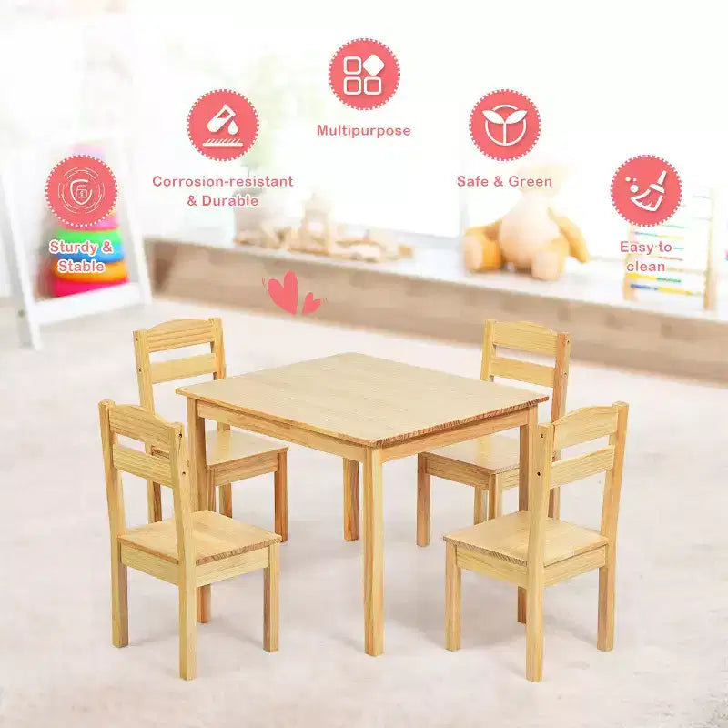 Costway Ensemble Table et Chaises 5 Pièces pour Enfants, Meuble de Salle de Jeu en Bois de Pin Naturel