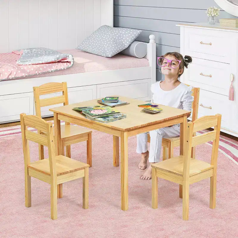 Costway Ensemble Table et Chaises 5 Pièces pour Enfants, Meuble de Salle de Jeu en Bois de Pin Naturel