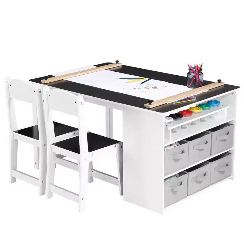 Table d'art pour enfants et 2 chaises, bureau de rangement en bois pour tout-petits avec bacs de rangement, bureau de dessin, table d'activité et d'étude pour enfants, activités, artisanat
