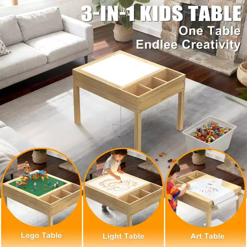 GDLF Table lumineuse pour enfants, table d'activités 3 en 1 avec rangement, sensorielle LED, table de construction de briques et d'art pour les 3 ans et plus