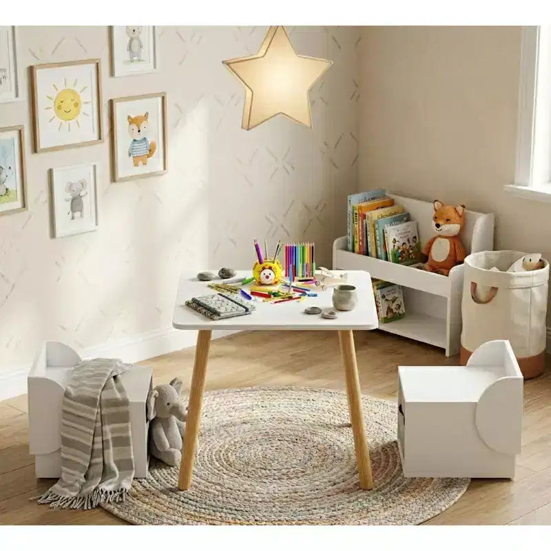 Kids Table and 2 Chair Set with Storage Bins, 3-Piece Toddler Activity Table for Crafts, Reading and Play, White & Natural
