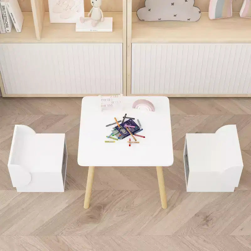Ensemble table et 2 chaises pour enfants avec bacs de rangement, table d'activités 3 pièces pour tout-petits pour les travaux manuels, la lecture et les jeux, blanc et naturel