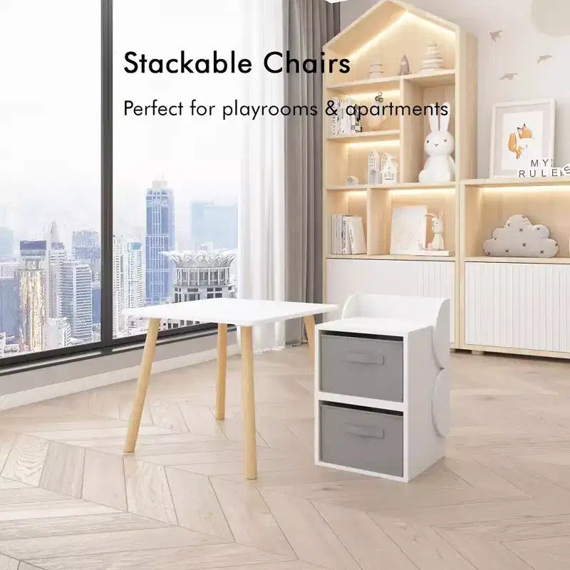 Ensemble table et 2 chaises pour enfants avec bacs de rangement, table d'activités 3 pièces pour tout-petits pour les travaux manuels, la lecture et les jeux, blanc et naturel