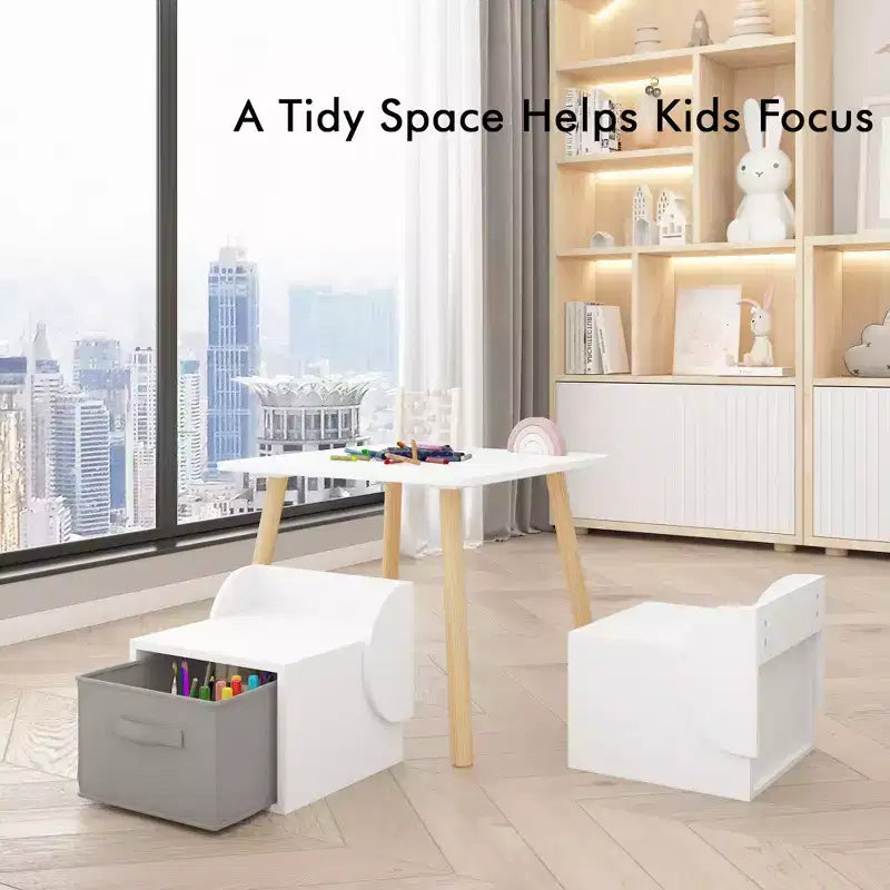 Ensemble table et 2 chaises pour enfants avec bacs de rangement, table d'activités 3 pièces pour tout-petits pour les travaux manuels, la lecture et les jeux, blanc et naturel