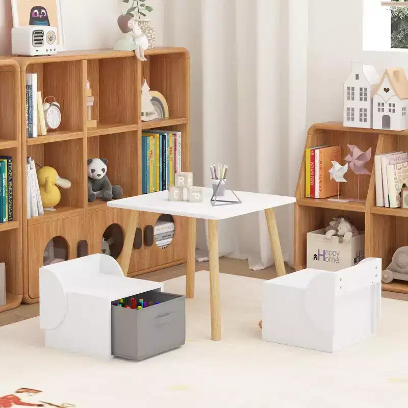 Ensemble table et 2 chaises pour enfants avec bacs de rangement, table d'activités 3 pièces pour tout-petits pour les travaux manuels, la lecture et les jeux, blanc et naturel