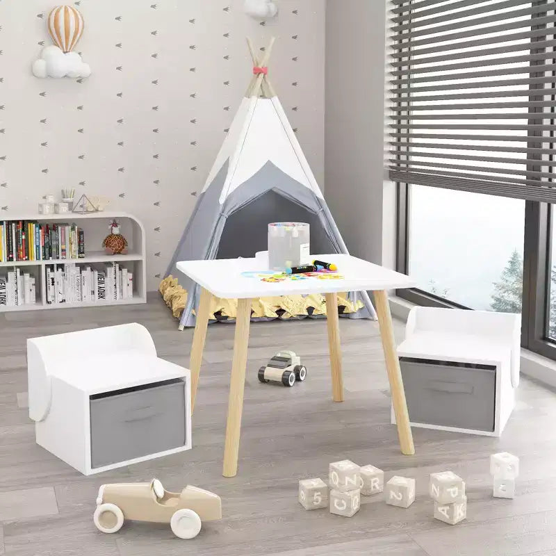 Ensemble table et 2 chaises pour enfants avec bacs de rangement, table d'activités 3 pièces pour tout-petits pour les travaux manuels, la lecture et les jeux, blanc et naturel