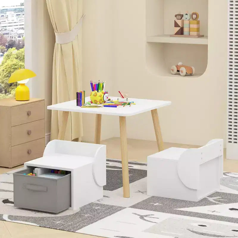 Ensemble table et 2 chaises pour enfants avec bacs de rangement, table d'activités 3 pièces pour tout-petits pour les travaux manuels, la lecture et les jeux, blanc et naturel