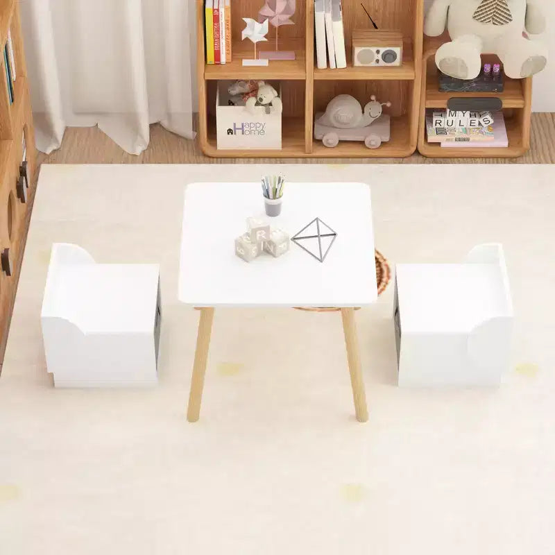 Ensemble table et 2 chaises pour enfants avec bacs de rangement, table d'activités 3 pièces pour tout-petits pour les travaux manuels, la lecture et les jeux, blanc et naturel