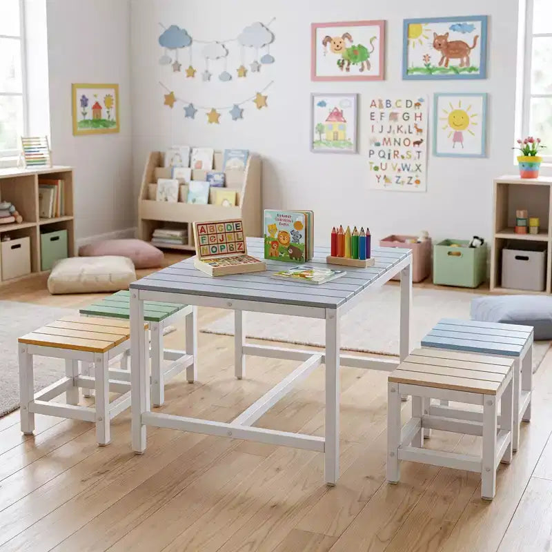 Ensemble de table et de chaises de patio Karl Home 5 pièces en bois de peuplier massif pour enfants