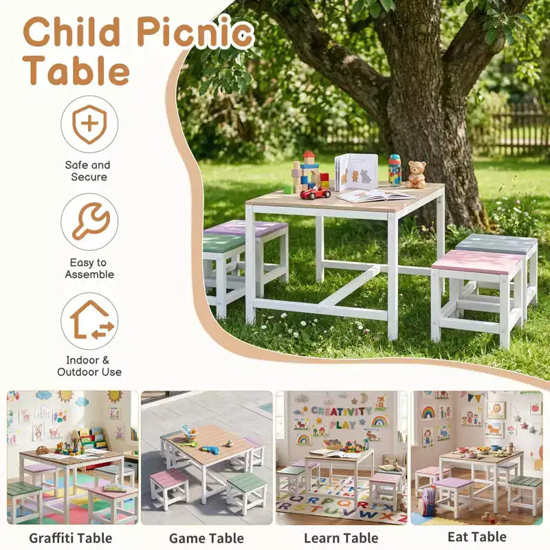Ensemble de table et de chaises de patio Karl Home 5 pièces en bois de peuplier massif pour enfants