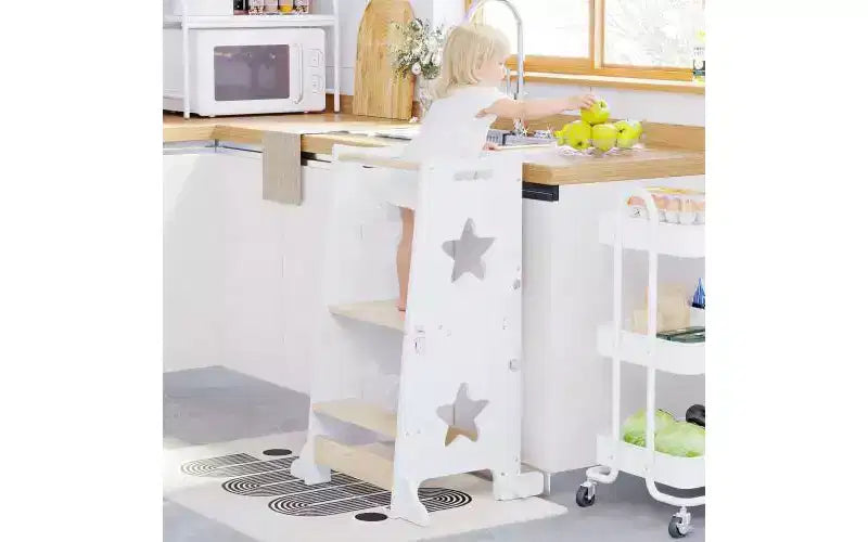 3-in-1 Toddler Kitchen Step Stool, Foldable Learning Tower with Blackboard, Convertible Kids Table and Chair, Wooden Helper Stool, White