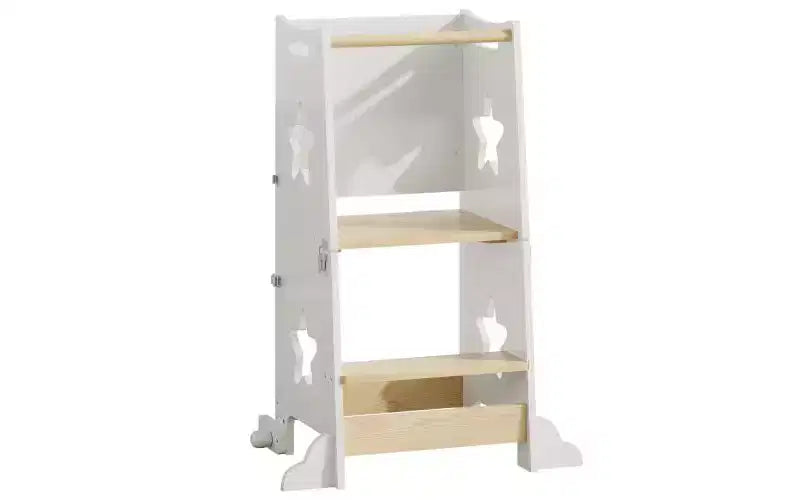 Tabouret de cuisine 3-en-1 pour enfant, tour d'apprentissage pliable avec tableau noir, table et chaise convertibles pour enfants, tabouret d'aide en bois, blanc