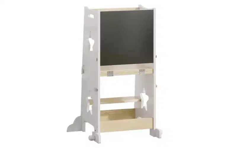 Tabouret de cuisine 3-en-1 pour enfant, tour d'apprentissage pliable avec tableau noir, table et chaise convertibles pour enfants, tabouret d'aide en bois, blanc