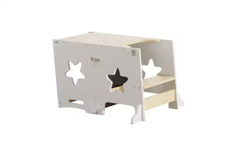 Tabouret de cuisine 3-en-1 pour enfant, tour d'apprentissage pliable avec tableau noir, table et chaise convertibles pour enfants, tabouret d'aide en bois, blanc