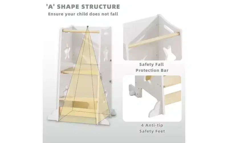 Tabouret de cuisine 3-en-1 pour enfant, tour d'apprentissage pliable avec tableau noir, table et chaise convertibles pour enfants, tabouret d'aide en bois, blanc